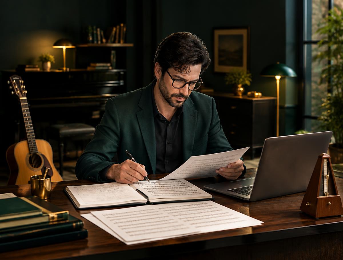 Professor de música analisando materiais de aula e faturamento